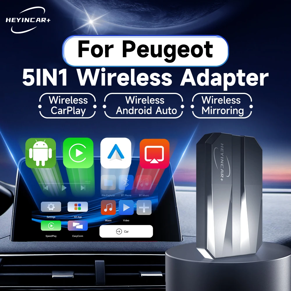 

2024 HEYINCAR 5IN1 Wired to Wireless CarPlay Android Auto Adapter For Peugeot 208 308 408 508 2008 3008 4008 5008 Carplay ai box