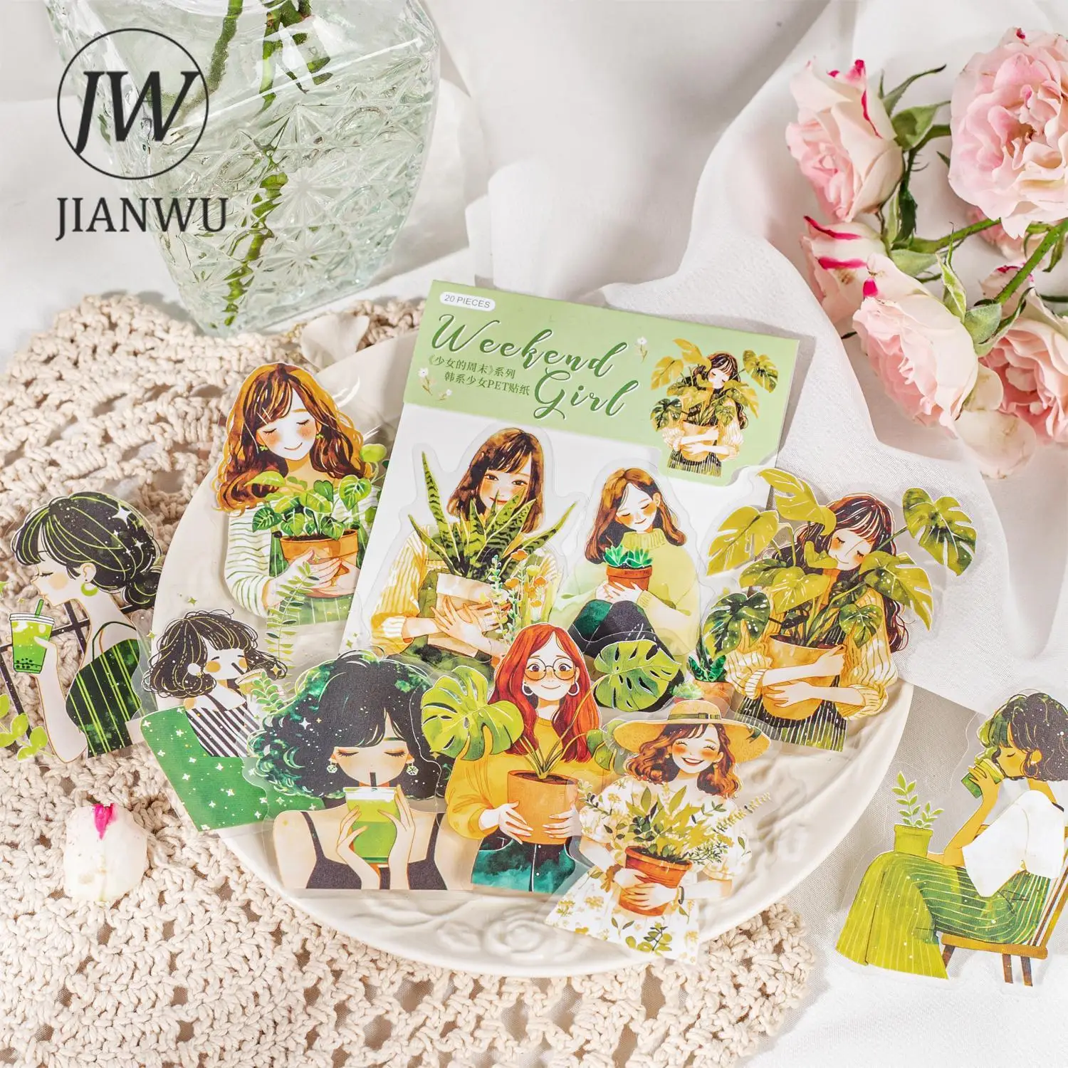 JIANWU Weekend Girl Series Kawaii Character Material Collage Decor PET Sticker Creative DIY Journal Stationery