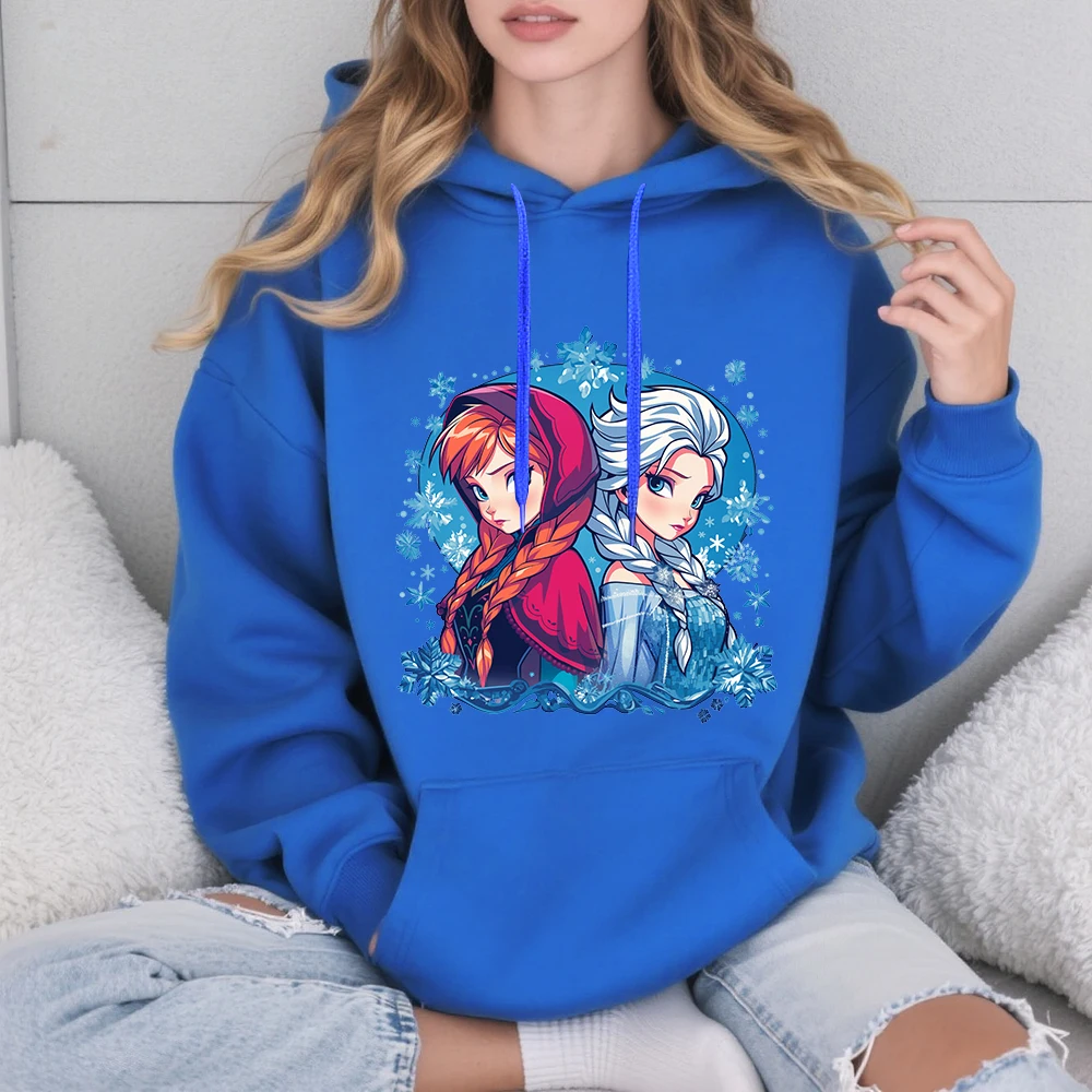 ديزني فروزن إلسا وآنا الأخوات طباعة الأزرق صوف مبطن مقنعين البلوز المرأة الخريف الشتاء الدافئة لينة مريحة البلوز #2