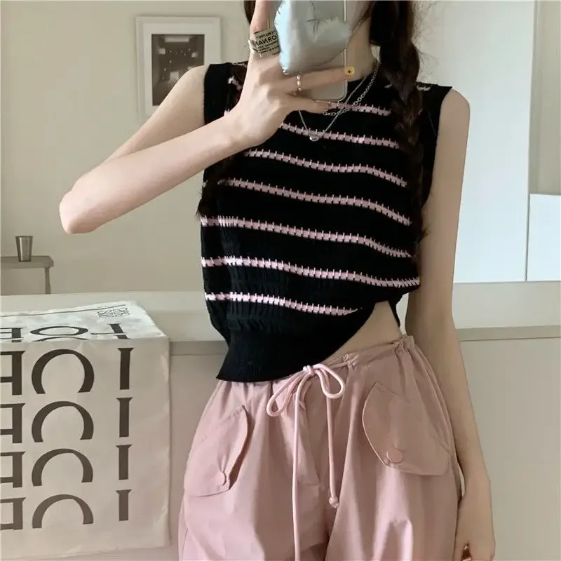 

Свитер-жилеты женские летние полосатые шикарные модные тонкие вязаные простые женские уличные с круглым вырезом без рукавов повседневные ретро корейский стиль