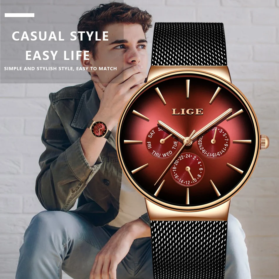 

LIGE Fashion Mens Watch Top Brand Luxury Quartz Wristwatch Men Stainless Steel Waterproof Ultra-thin Watches For Man Sport Clock