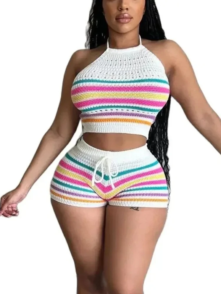 

Женские костюмы с подвесным вырезом на шнуровке, топы без рукавов и открытой спины, женские повседневные вязаные комплекты из двух предметов в радужную полоску, облегающие шорты