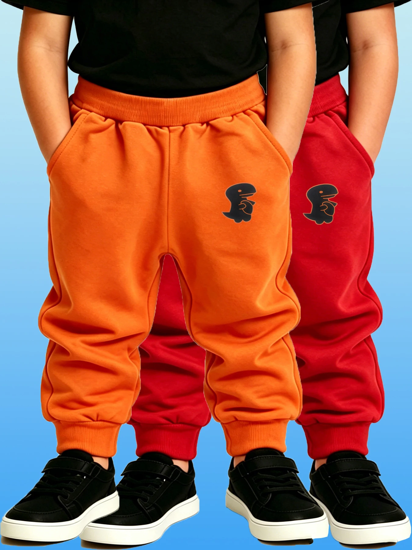 2PCS Orange+Red Trendy Boys&Girls Dinosaur Sports Sweatpants Kids Casual Jogger Long Trousers Four Seasons Wear Children's Pants