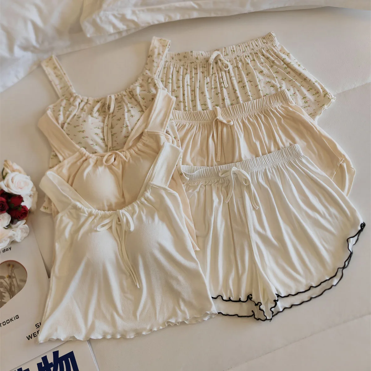 New Sexy Pyjama Woman Modal Chest Pad Summer Pajamas Sleeveless Vest Shorts House Wear Two-Piece Set Pijama Feminino Homewear