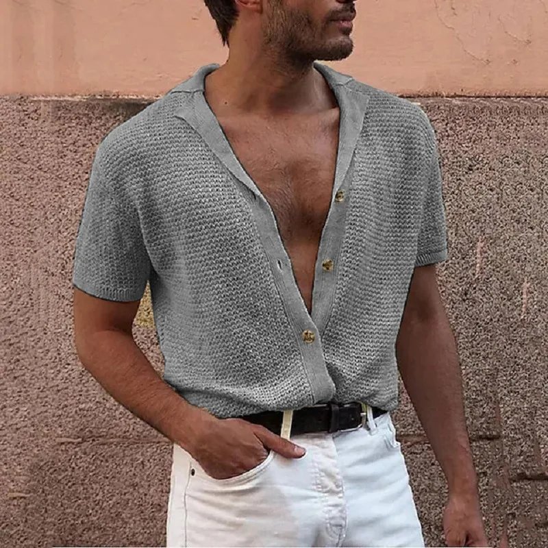 Fashion Men\'s Casual Short-sleeved Top Knitted Single-breasted Cardigan Lapel Sweater