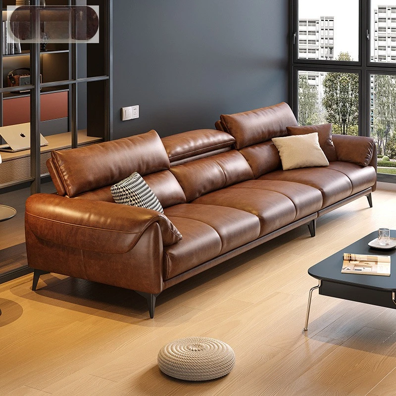 Minimalist light luxury first-layer cowhide sofa straight row living room modern simple new oil wax leather