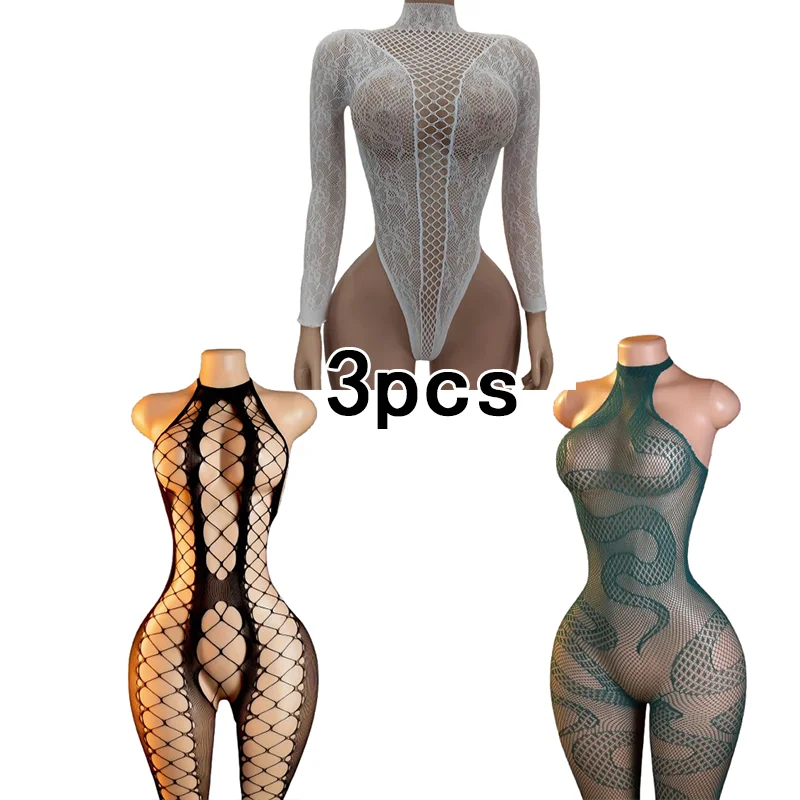 3-Piece Set – Women's Lingerie Bodysuit: Seductive Cut-Out Mesh Bodysuit – Hot, Alluring, Form-Fitting Mesh Design