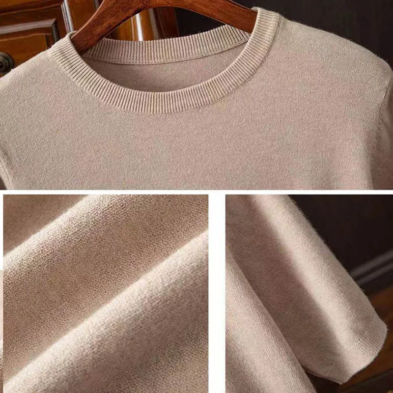 High Qualtity Oversized Cashmere Knitted O-neck T-shirt for Men Short Sleeve Tee Solid Color Trend Leisure Grey White Black Blue