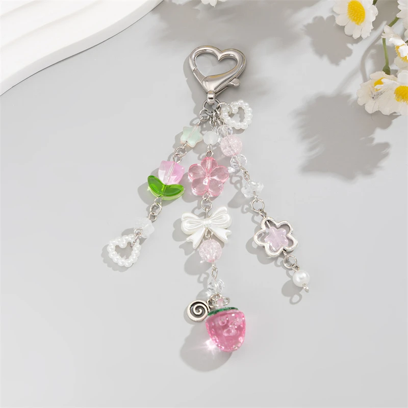 Imitation Pearl Bow Heart Pendant Bag Pendant Y2K Pink Strawberry Hollow Flower Tulip Beaded Keychain Accessories