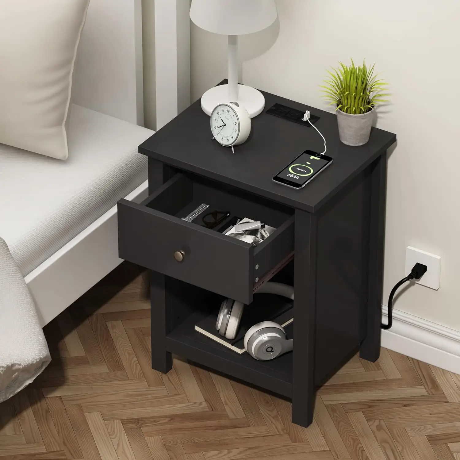 

Nightstand with Charging Station, Wooden Top Bedside Table with Drawer and Storage Space for Bedroom, Black
