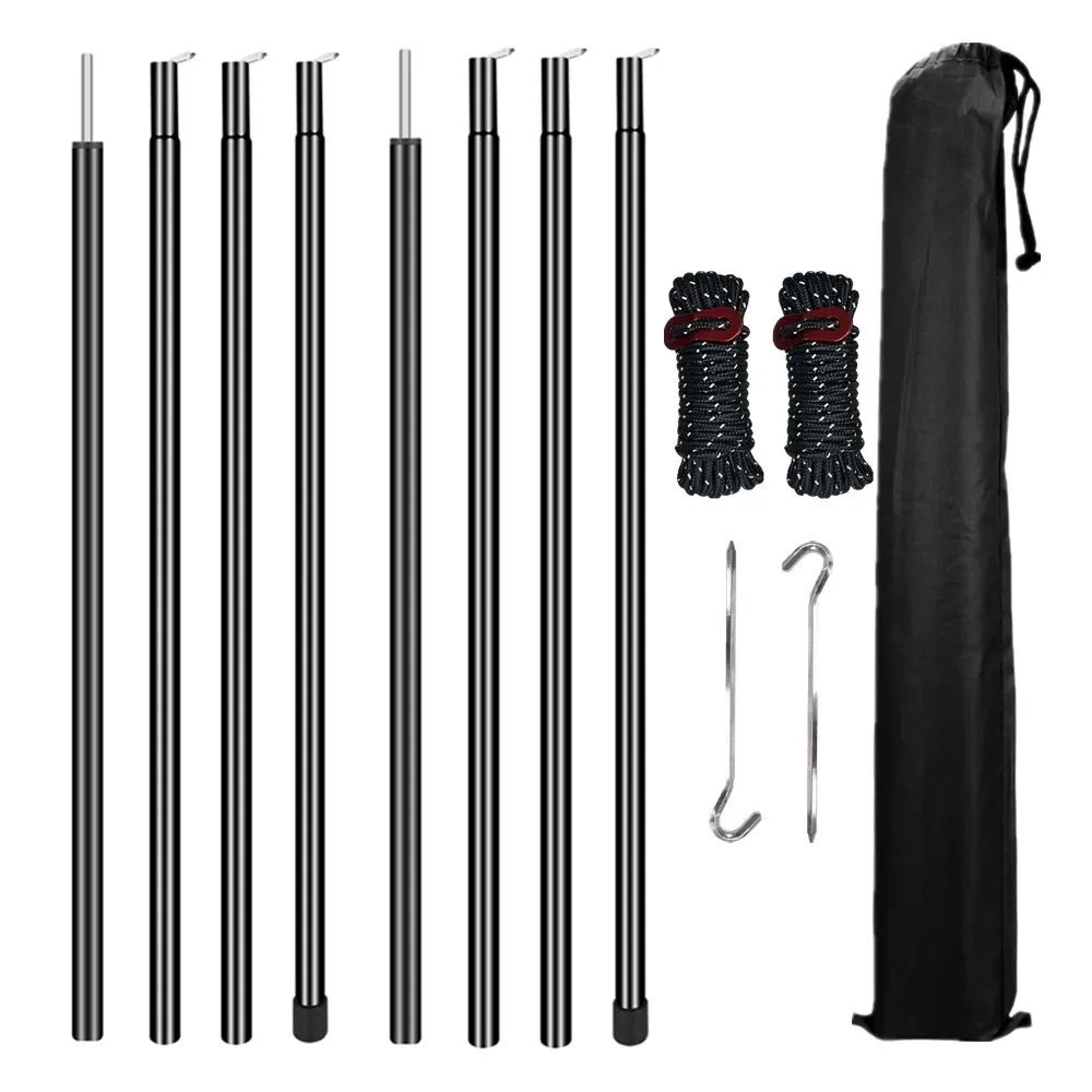 Set of 2 Tent Poles Adjustable Tarp Poles Steel Rods for Sun Shelter Tarp Canopy Camping Replacement With Pegs & Ropes Tent Tool