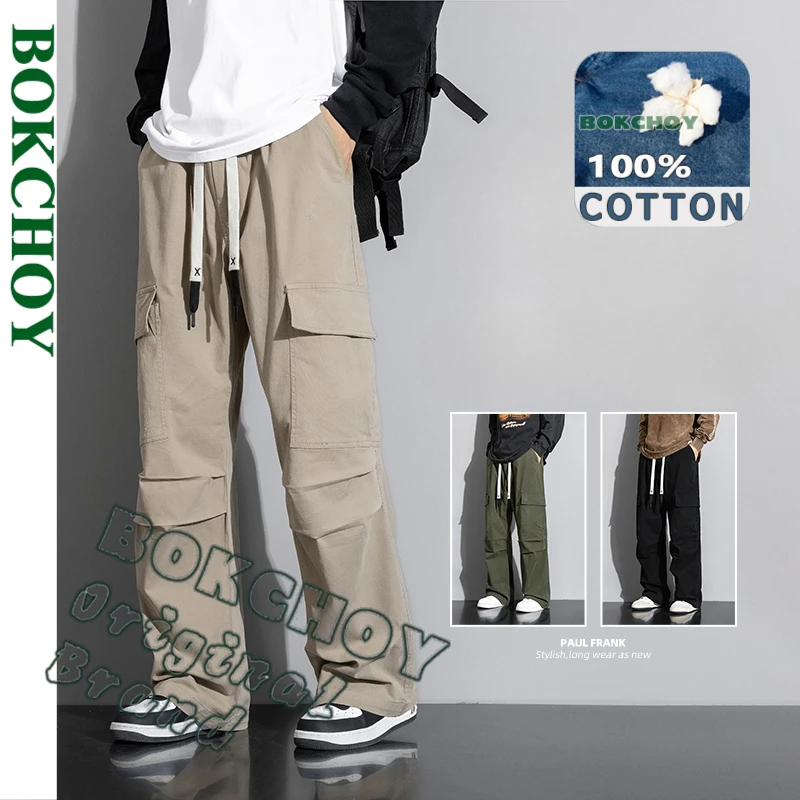 

2025 Spring Summer New 100% Cotton Cargo Casual Big Pockets Pants for Men Clothing Solid Color Drawstring Men Trousers JYF-A902