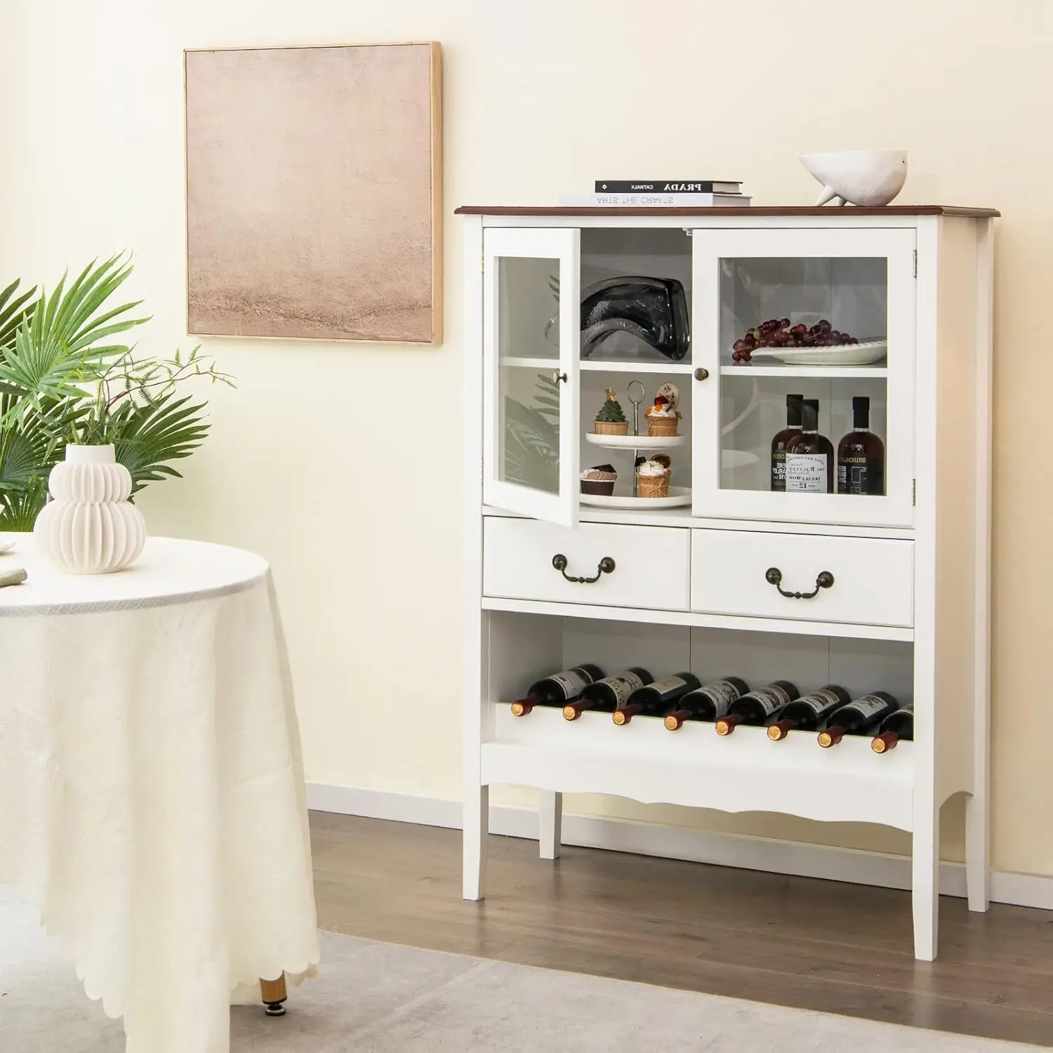 

Wine Cabinet with Storage, Standing Buffet Sideboard with 2 Drawers, 2 Tempered Glass Doors, Open Wine Rack,, Customized