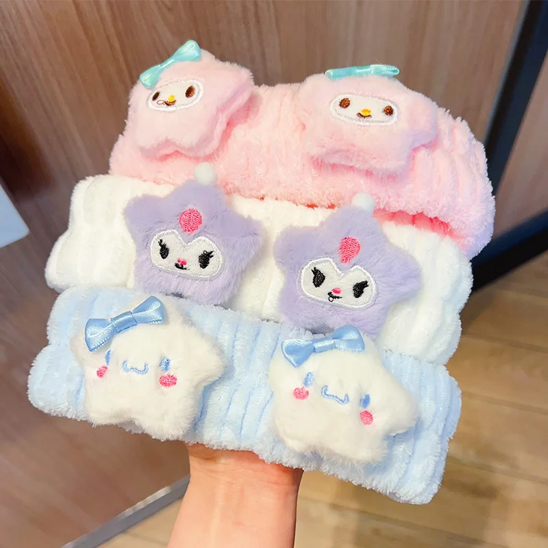 Nueva linda estrella de Miniso Kulomi, banda para el pelo de felpa con forma de corazón para niña, tocado, diadema de maquillaje, diadema para lavar la cara para mujer