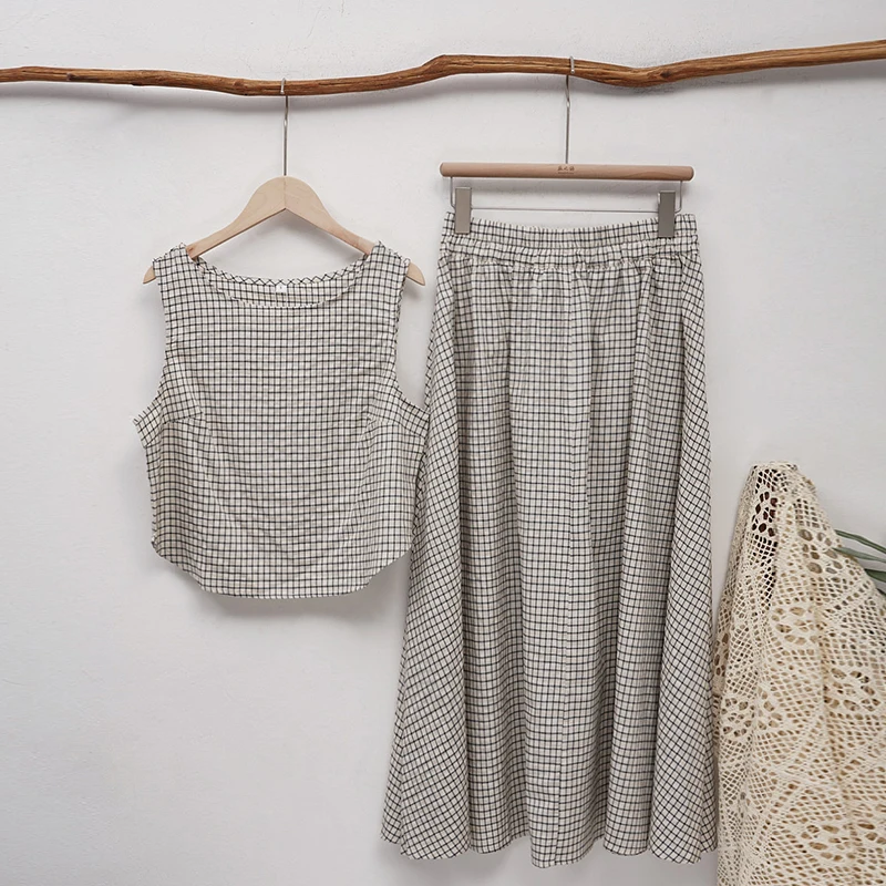 Casual Cotton Linen Women's Summer Suit Chic New Sleeveless Tops And Pockets Elastic Waist Long Flowy Skirt Ladies Two-Piece Set