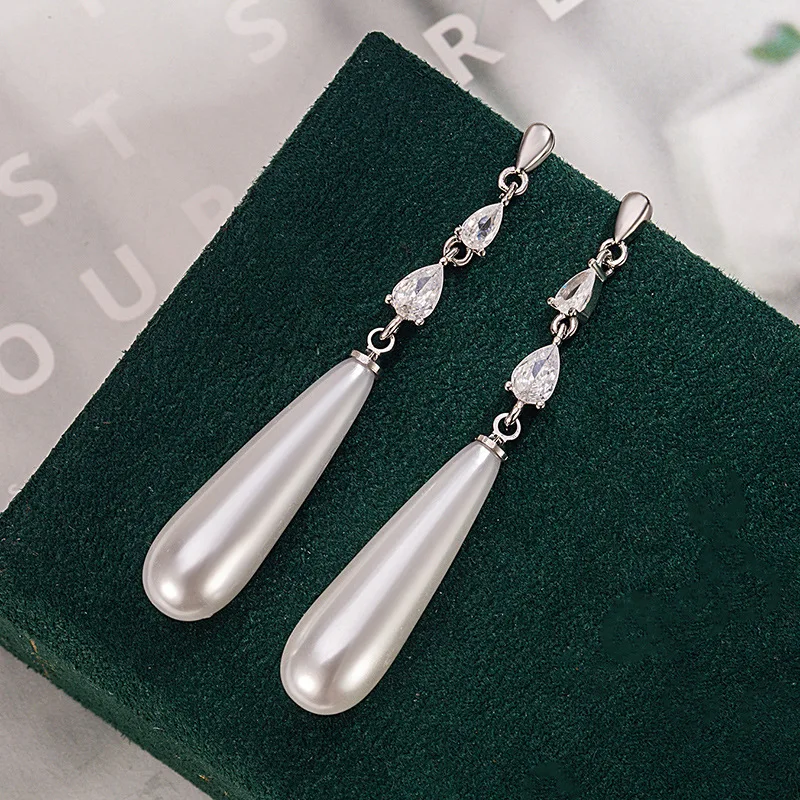 925 เงินสเตอร์ลิงยาว Waterdrop ต่างหูมุกสําหรับผู้หญิง Christmas Party ของขวัญเครื่องประดับเจาะ Aretes De Mujer
