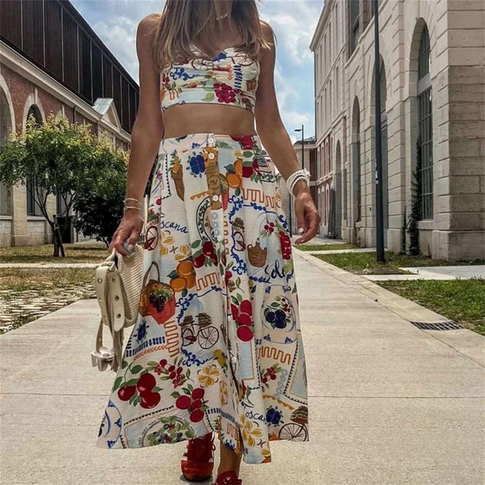 2024 Autumn European And American Style Women\'s Clothing New Fashion Casual Temperament Patchwork Printed Top Half Skirt Set