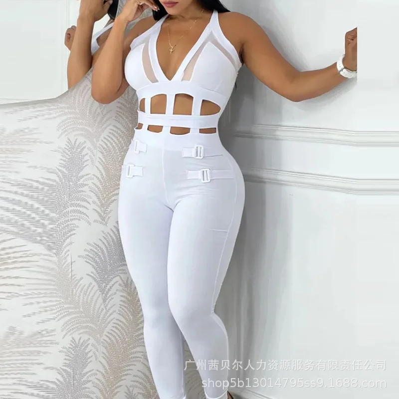 

Женский комбинезон, новинка лета 2025, новый модный сетчатый облегающий комбинезон без рукавов с полой пряжкой