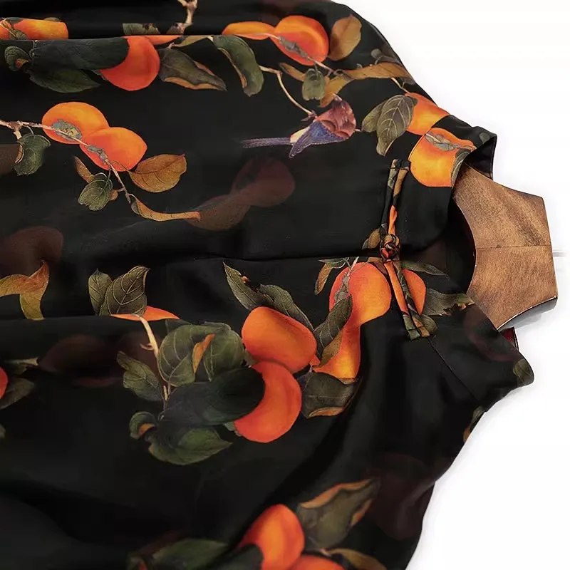 Birdtree, sukienka z jedwabiu morwowego 60 mm, 100% jedwab, damska sukienka z ciężkiego satyny z gazy Xiangyun, nadruk persymony, nowość na lato 2025 D5D517JF