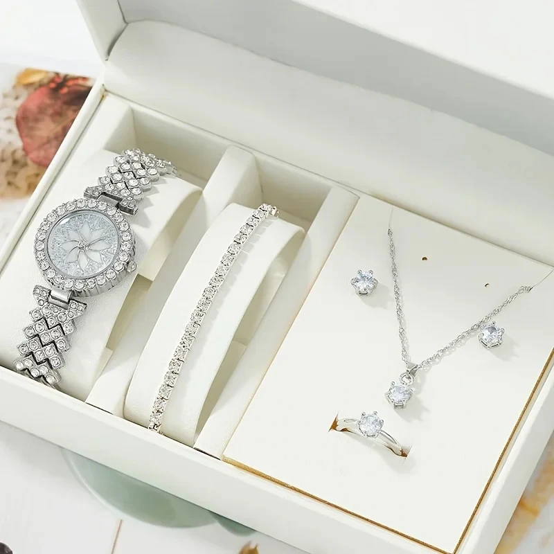 

1 шт. круглых кварцевых часов и 5 шт. ювелирных изделий, модные женские часы, ювелирные изделия, изысканные и стильные женские часы