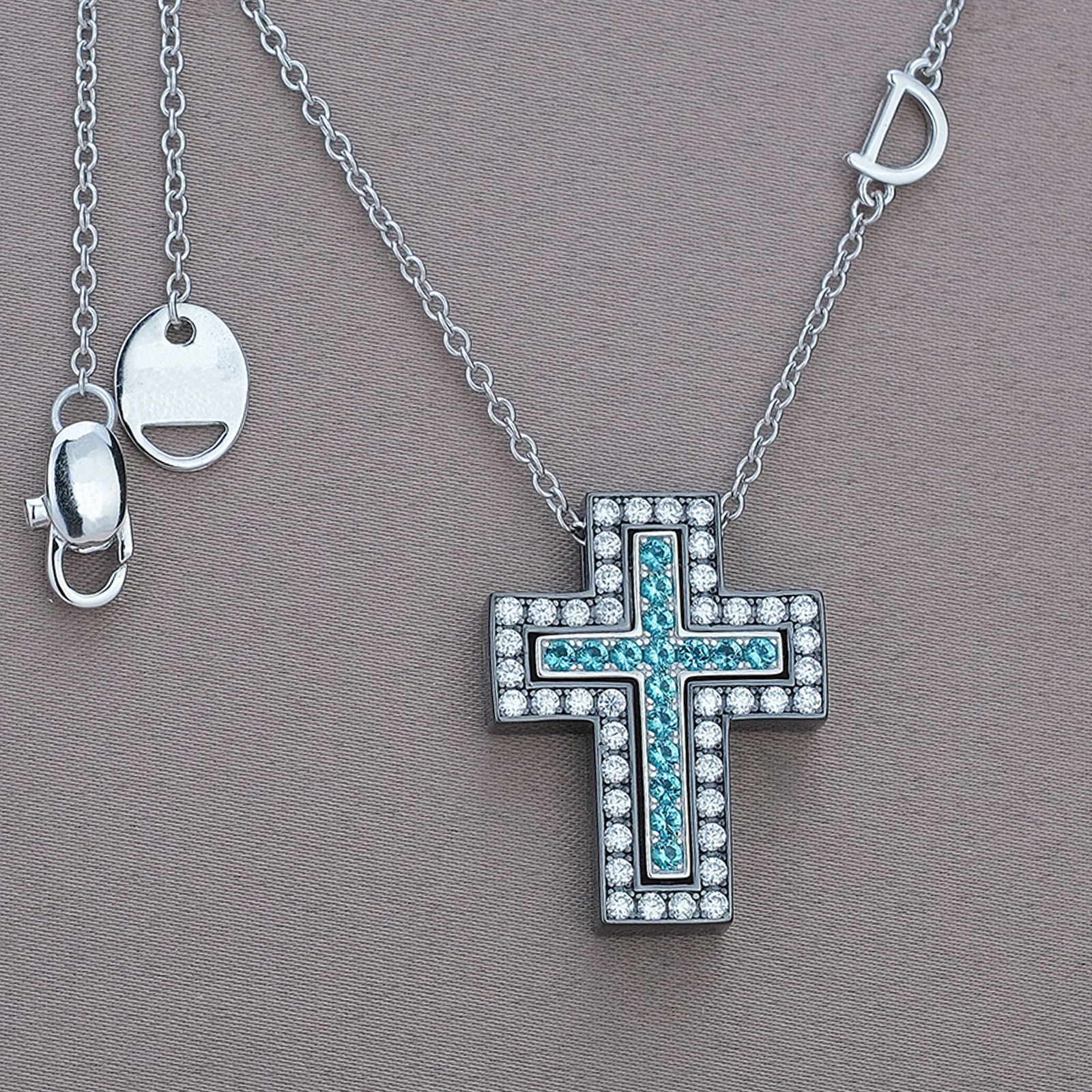 100% 925 Sterling Silver Precious Cross necklace The design is highlighted by the rare Paraiba tourmaline set in the inner cross