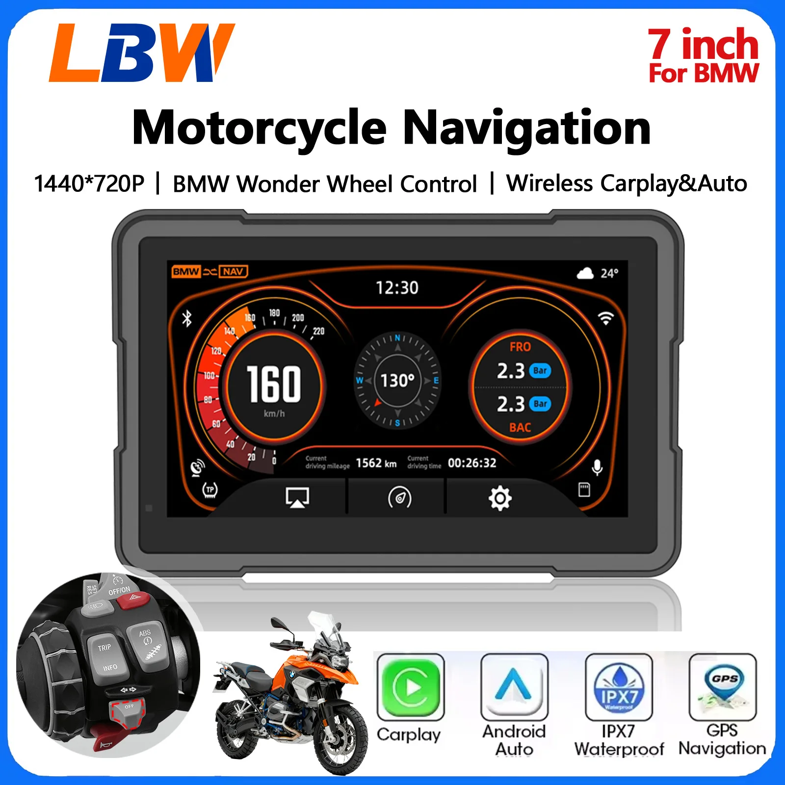LBW 6/7 inch Motorcycle CarPlay Android Auto GPS Navigation Quick Detachable Portable Dashboard Fit For BMW R1200GS R1250GS