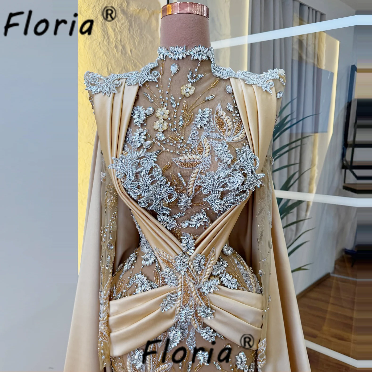 

Dubai Heavy Beads Crystals Mermaid Evening Dress with Long Cape 3D Flower Appliques Celebrity Wedding Party Dress Vestidos gala