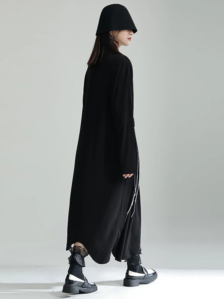 [EAM] Women Black Topstitched Long Big Size Dress New Turtleneck Long Sleeve Loose Fit Fashion Tide Spring Autumn 2024 1DF3239