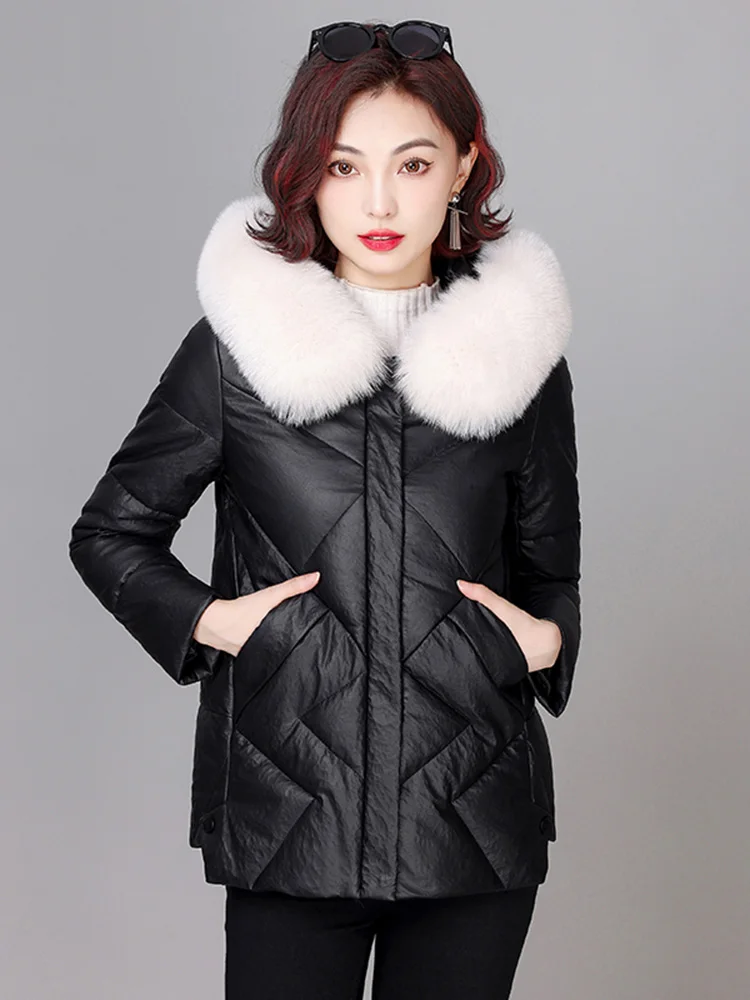 New Women Sheep Leather Down Jacket Winter Casual Hooded Real Fox Fur Collar Soft Loose Leather Coat Thick Warm Short Outerwear