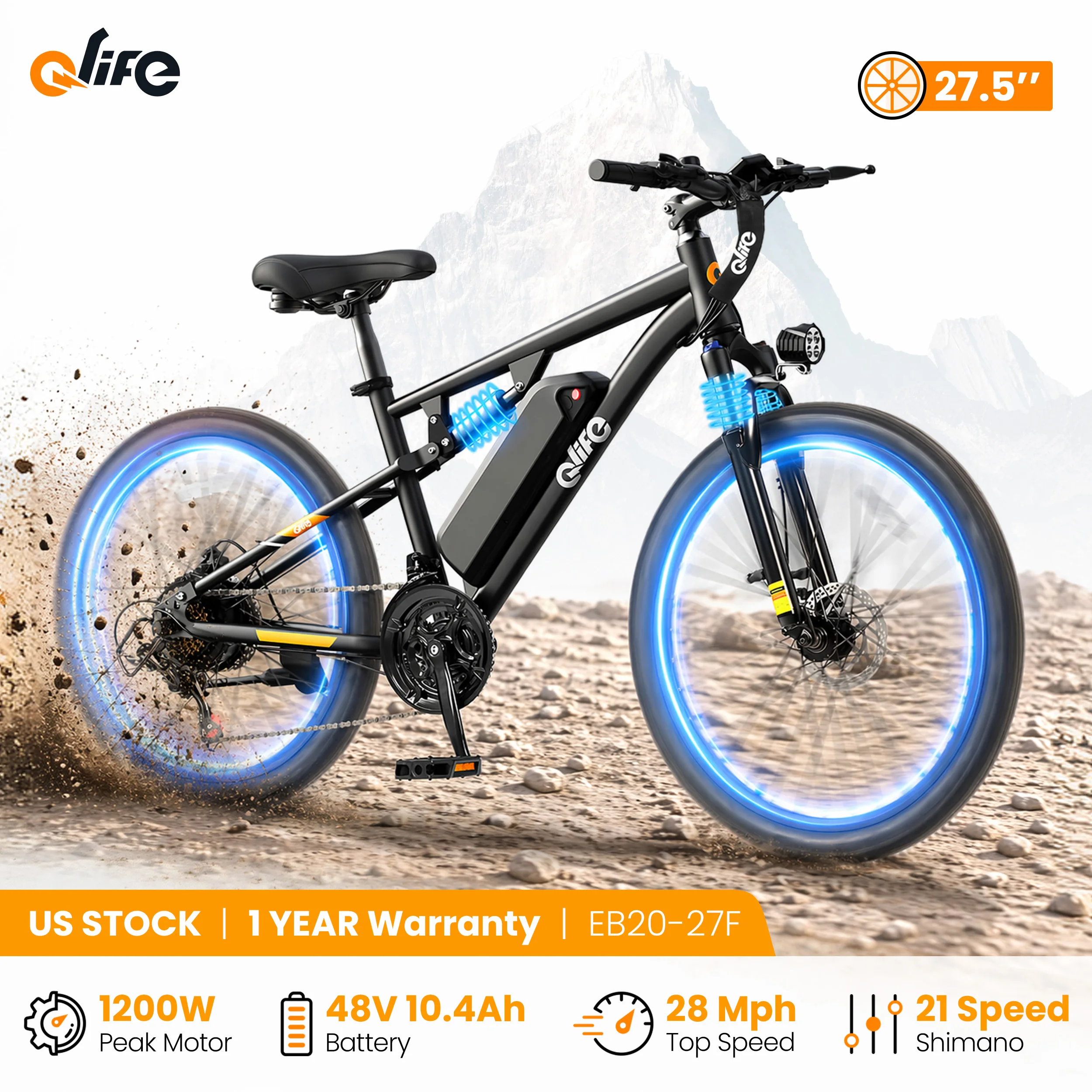 

Qlife Racer Ultra Electric Bike for Adults, Peak 1200W 48V 10.4Ah, 27.5" Tire Electric Mountain Bike, 28MPH 55 Miles Off-road Electric Bicycle, 21-Speed E-Bicycle with Full Suspension