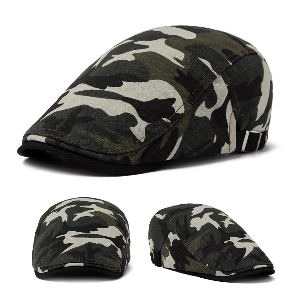 CNTANG Männer Camouflage Baskenmütze Sommer Baumwolle Leinen Sonnenkappe Dünne Atmungsaktive Visier Flache Hüte Casual Vorwärts Berets Hut Einstellbar – Detail 6