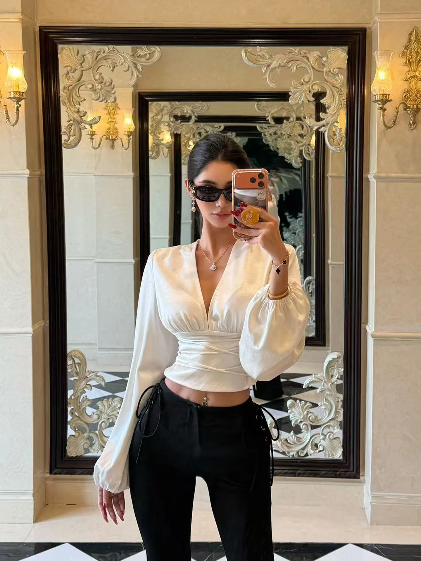 

Shiny Silk Shirt Belted Waist Tie V-neck Lantern Sleeve Women's Fashion French Style Slimming Long Sleeve Daily Wear