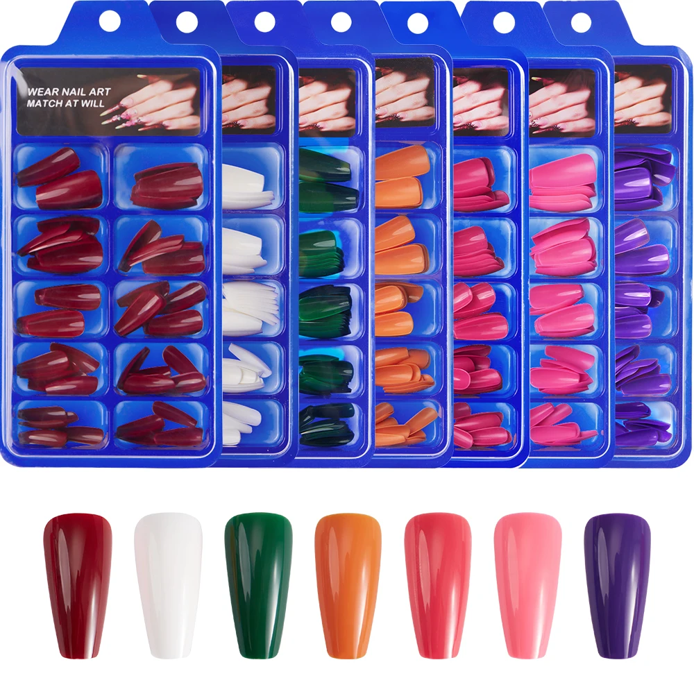 100Pcs Press On Nails Long Coffin Full Cover False Nails Red/Purple/Pink Acrylic Nail Tips Wearable Nail Extension Manicure Tool