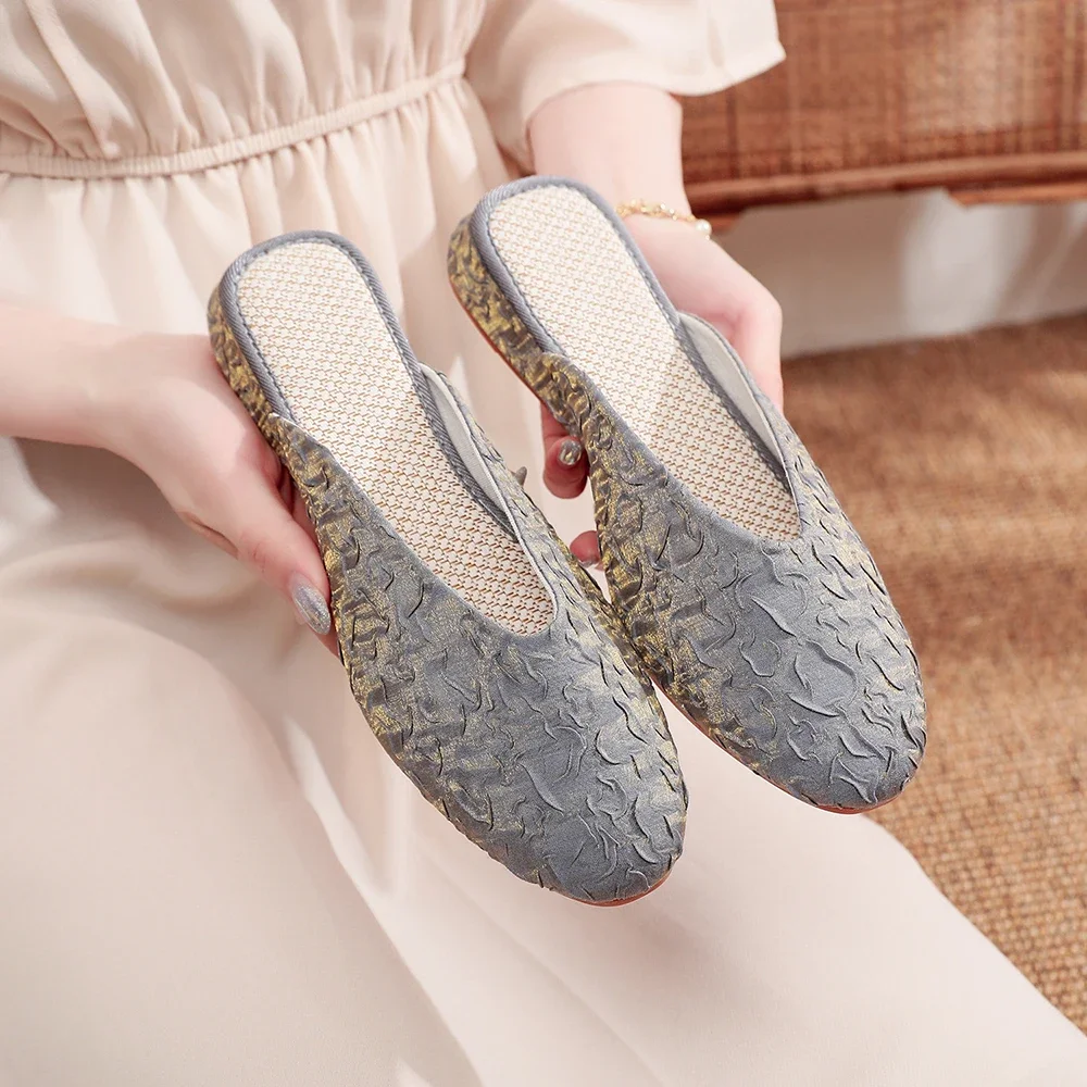 Pleated Fabric Women Comfortable Soft Flat Mules Slippers Ladies Casual Summer Autumn Close Toe Shoes Beige Blue Pink