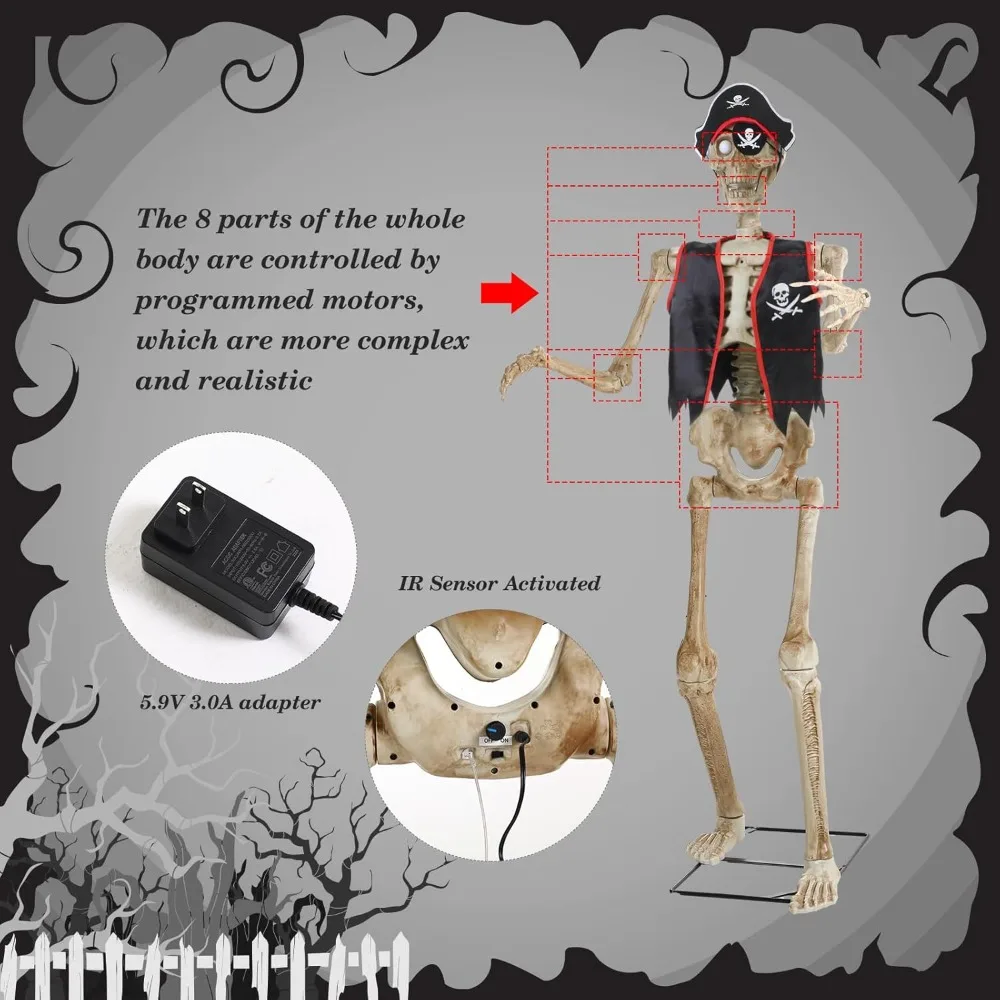 IR Sensor Activated 5.3 Ft Halloween Skeleton Animatronic with Spooky Sound Effects and Lights Full Body Posable Human Bones LED