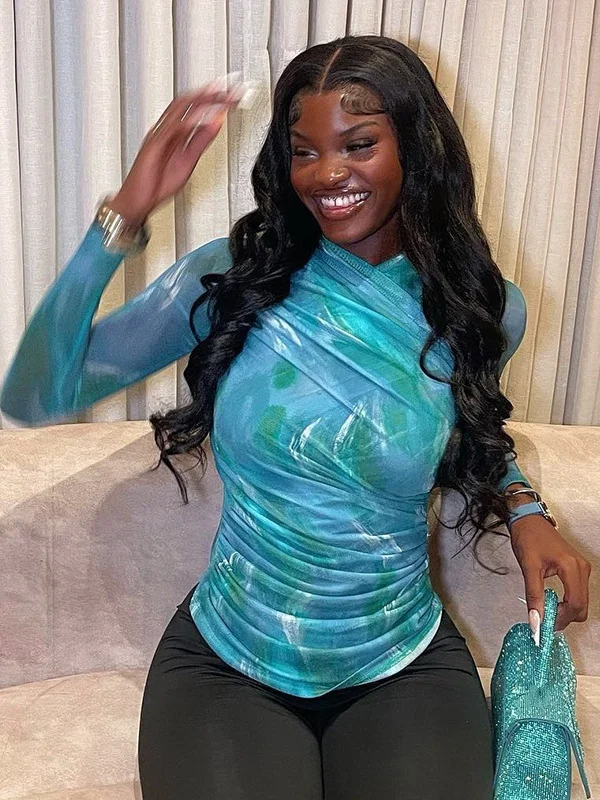 Casual Leisure Tie Dye Long Sve Slimming Waist T irt Overhead Top Women's Faion Spring Polymer Fiber Polyester round Ne