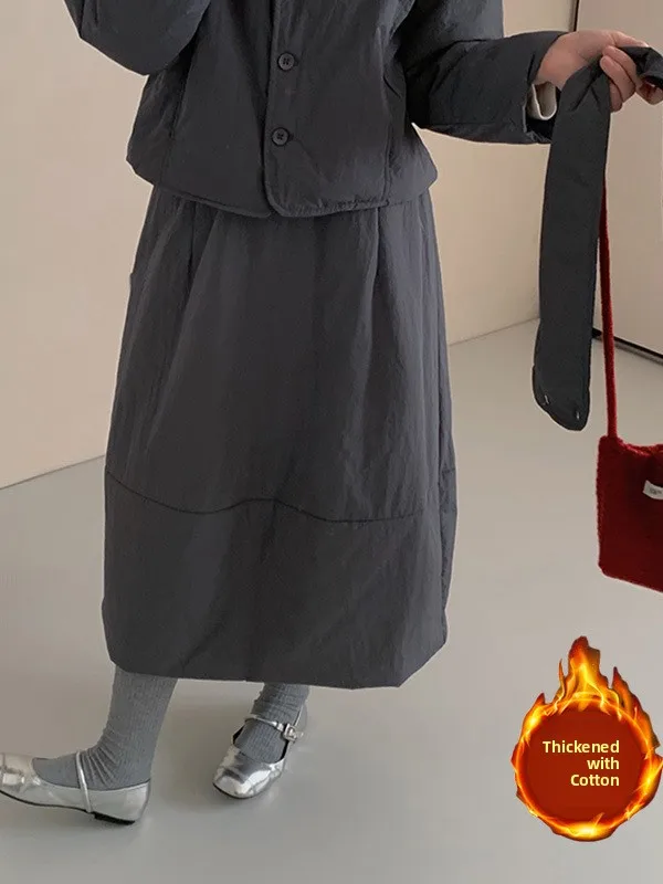 

Зима 202, корейская Sle, большие размеры, повседневная однотонная свободная утягивающая шаровая юбка, длина, эластичная талия, на хлопковой подкладке