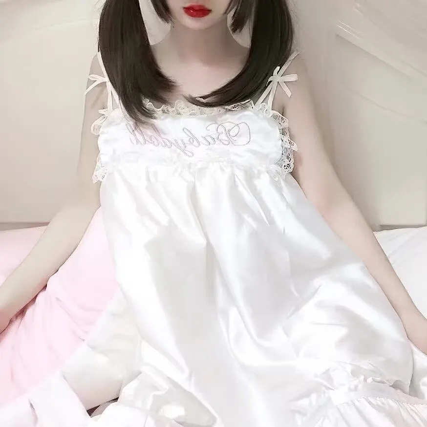 Japanese Sweet Lolita Nightgown Women's Cute Lace Embroidery Strappy Mini Dress Kawaii Girls Pajamas Harajuku Satin Sleepshirts