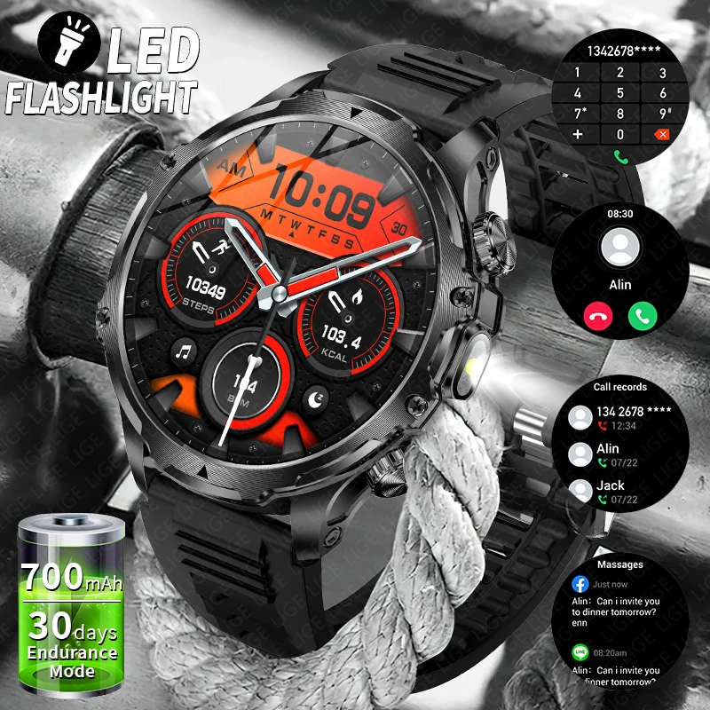 

2025 New 1.9-inch HD Outdoor Men Smart Watch 3ATM Waterproof 700mAh Battery LED Strong Flashlight Bluetooth Call Smartwatch+Box