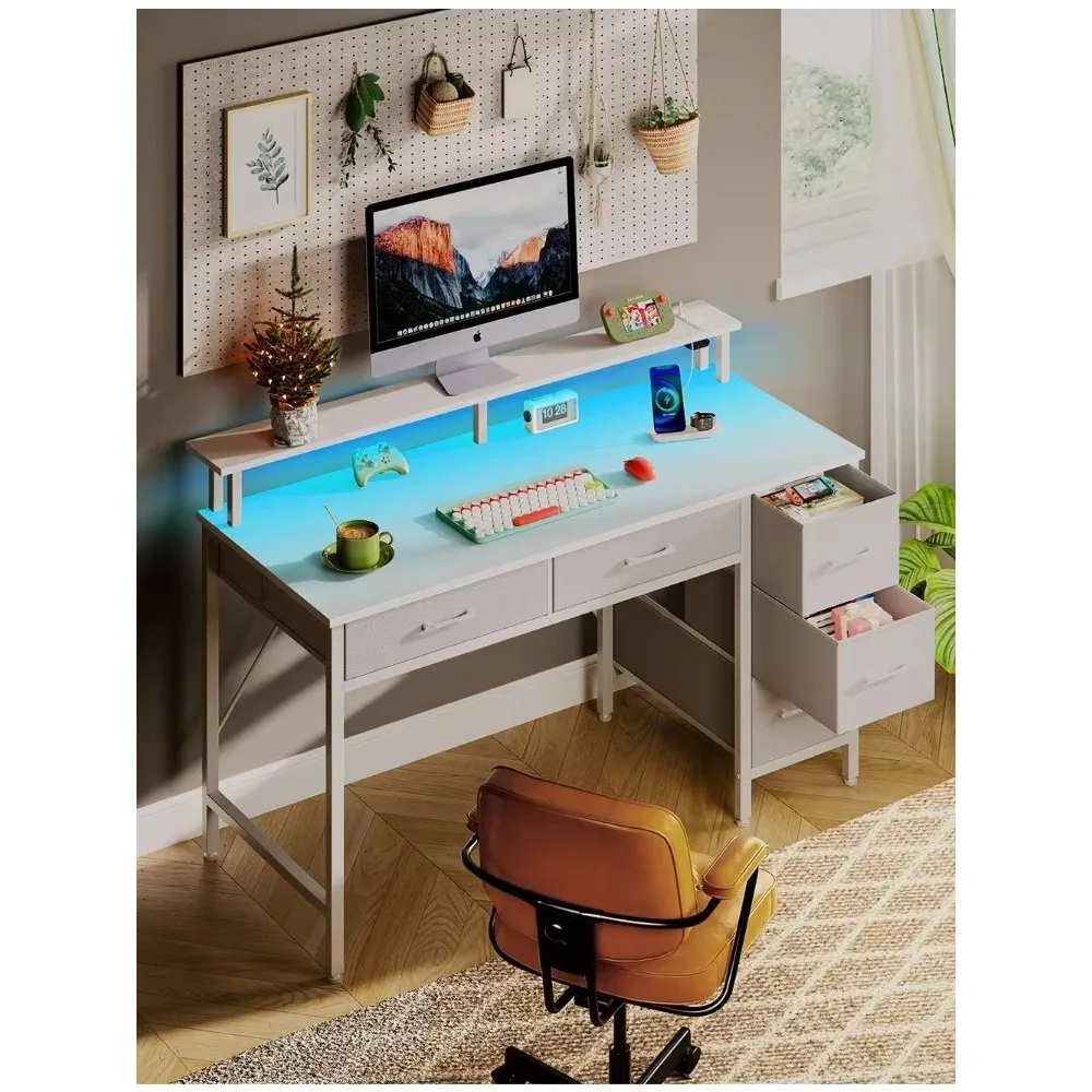 

Computer Desk with Power Outlets & LED Light, 47 inch Home Office Desk with 5 Drawers, Writing with Monitor Stand,Work