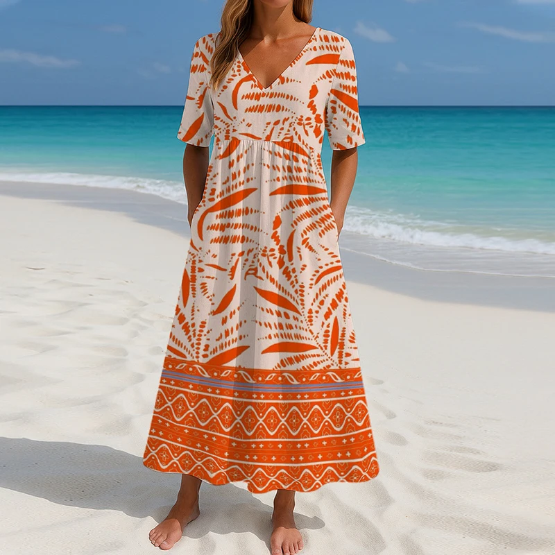 Letnia damska sukienka Luźne sukienki maxi dla kobiet Elegancka sukienka plażowa z krótkim rękawem w stylu vintage Boho