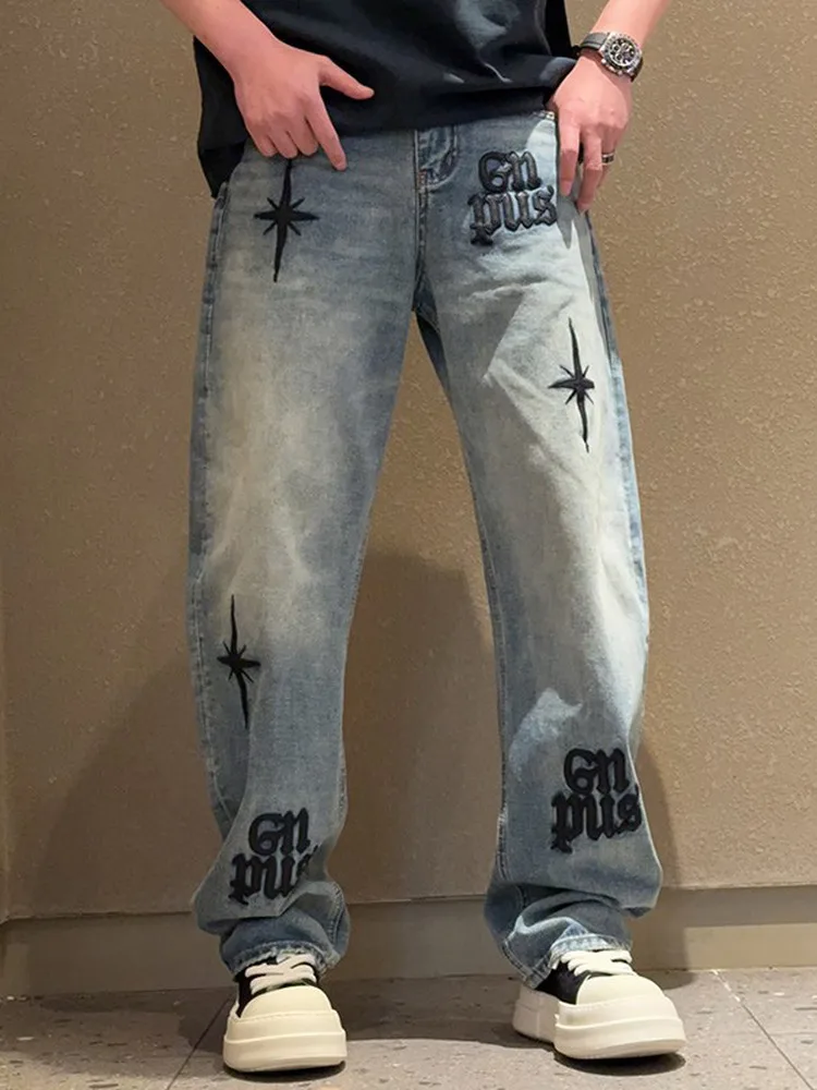 

Spring 2026 High-End Embroidered Leather Patch Wide Leg Straight Cut Men's Jeans Loose Luxury Long Trendy Casual Faion