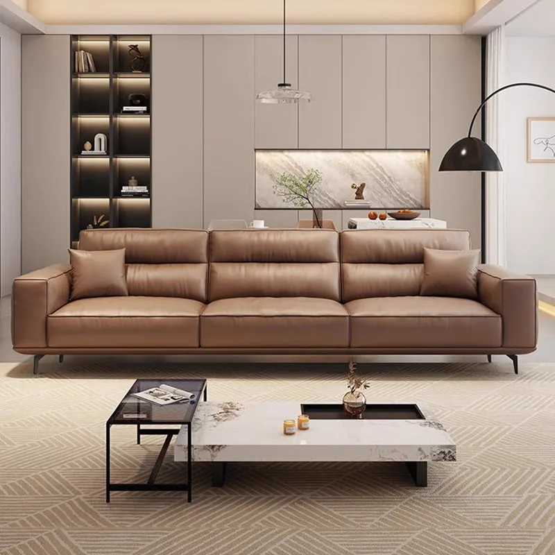 كتلة التوفو الجديدة من الجلد بحجم غرفة المعيشة، صف مستقيم لثلاثة أو أربعة أشخاص، مسند ظهر مرتفع من الطبقة الأولى من جلد البقر