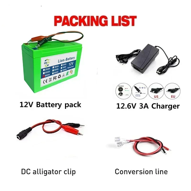 NEW 12V Battery 80Ah Built-In High Current 80A BMS 18650 Lithium Battery Pack For Electric Vehicle Battery 12.6V Charger