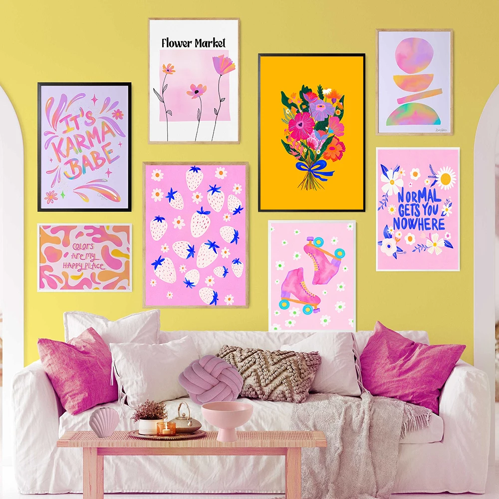 Pink Roller Skating Posters Fruit Strawberry Print Maximalist Flower Canvas Painting Wall Art Pictures for Girl Room Home Decor