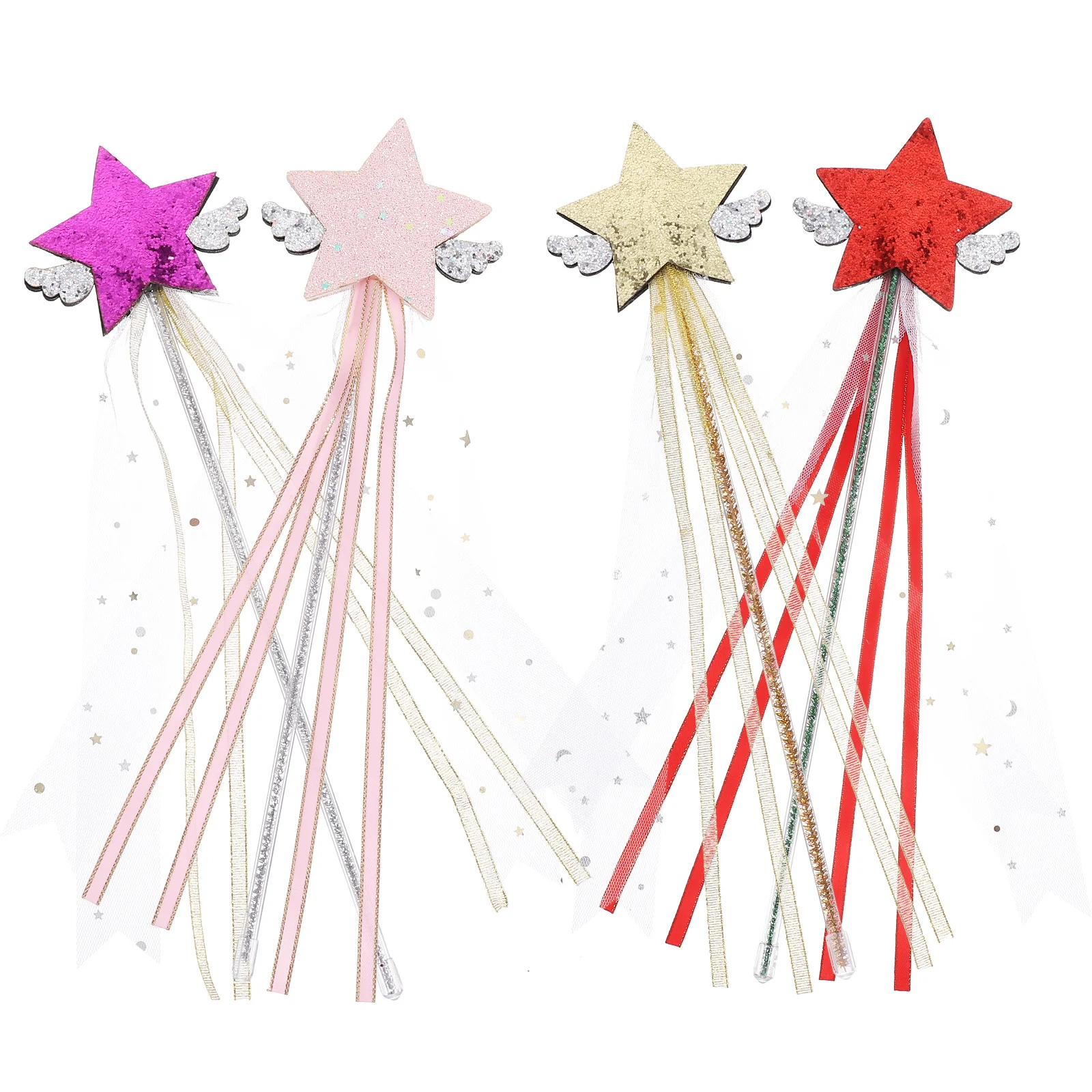 

4Pcs Fairy Wands for Children Lightweight Ribbon Design Star Shaped Sticks Stage Shows