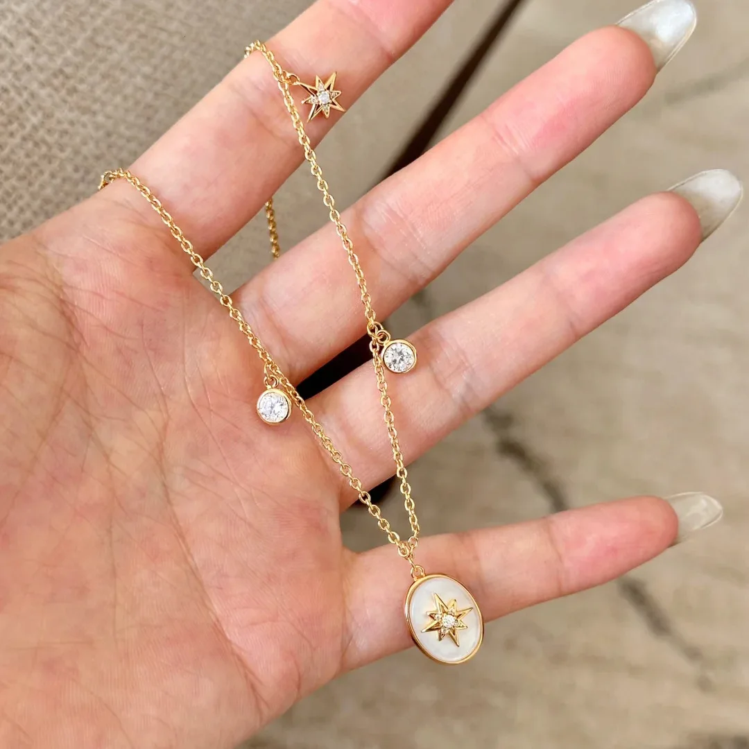 Middle Aged Money Wind 925 Silver Natural Fritillaria Star Necklace Light Luxury Simple Shell Lucky Star Bracelet Set