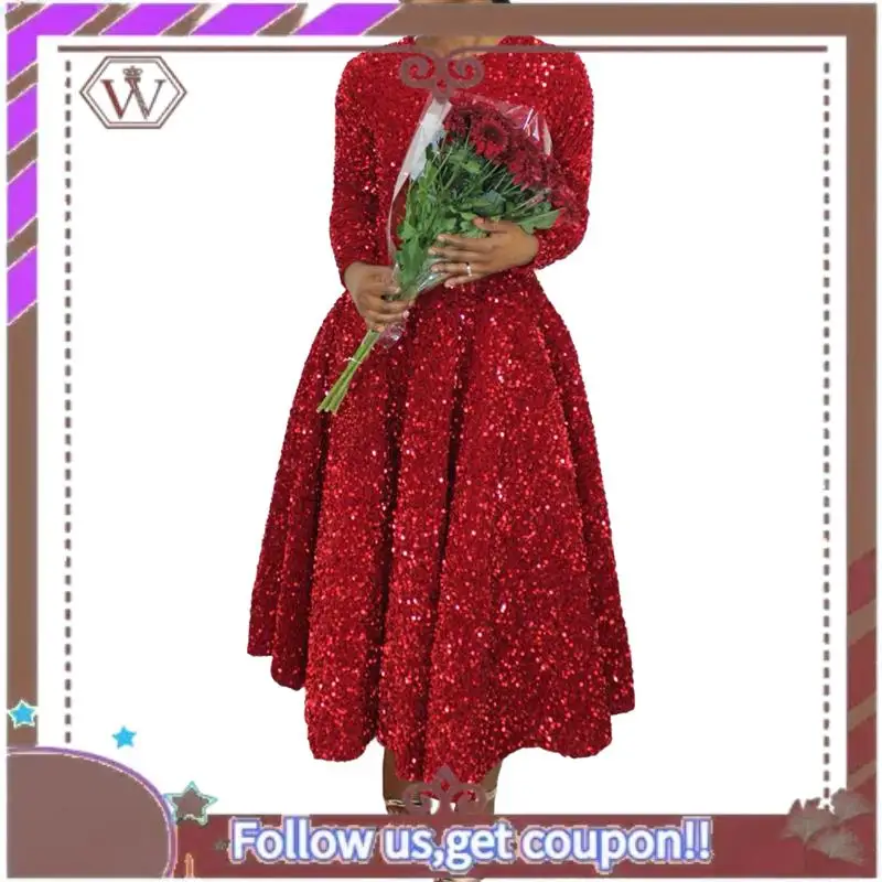 

A95D-Women's Sequin Plus Size Long Sleeve A-Line Flared Party Cocktail Glitter Evening Shiny Maxi Dress