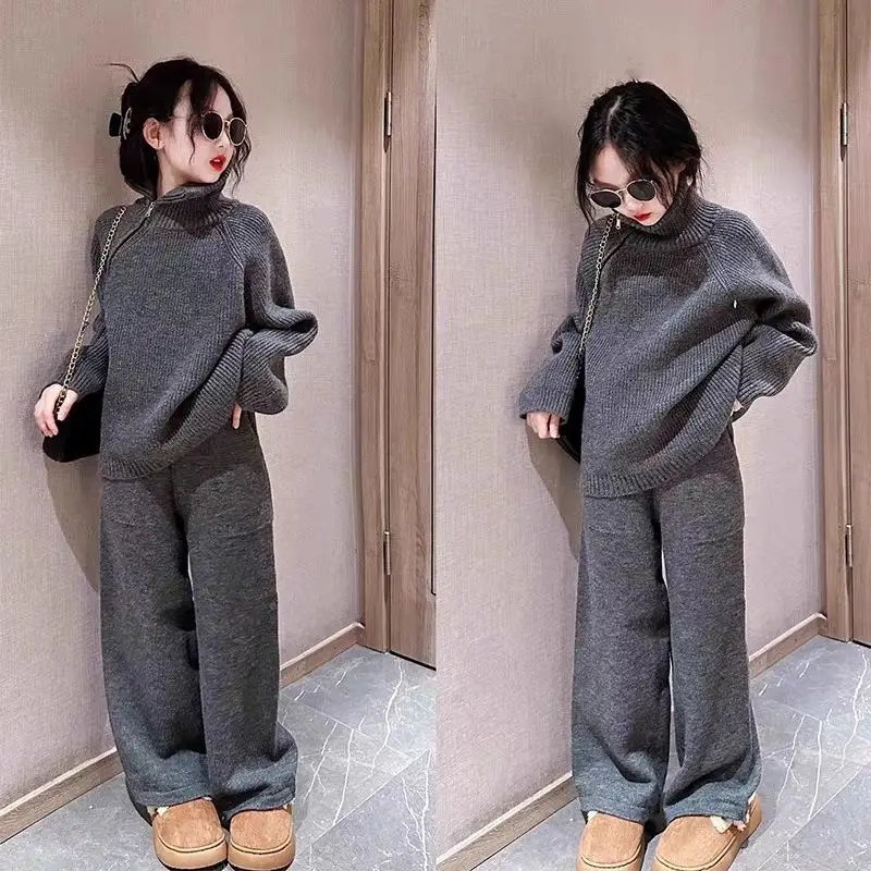 

Children Sets Sweater High Collar Pullover Cotton Straight Pants Loose Sweet Gray New Fashion Warm Comfortable Winter Girls