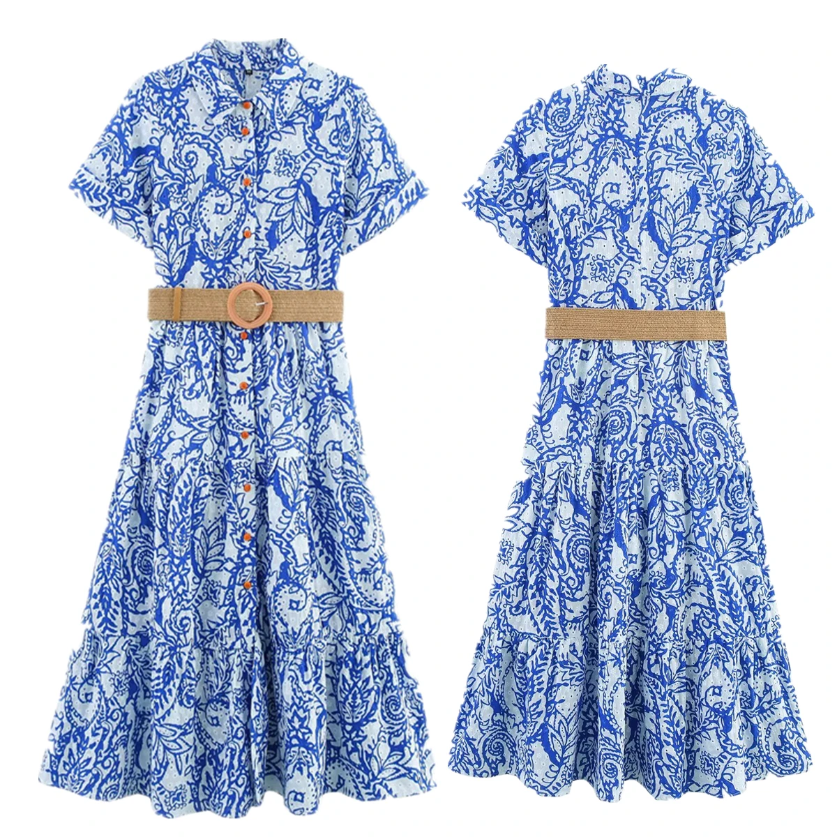 

Maxdutti Minimalist Blue Embroidered MIDI Dress Women Layered Long Shirt Dress French Elegant Commuting Casual Dress For Summer